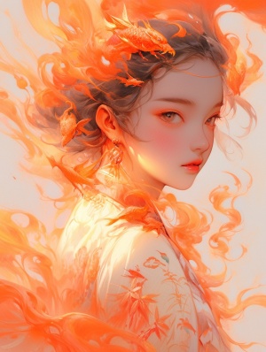 浪漫橙色烟雾下的中国女孩：梦幻空灵的立体插画