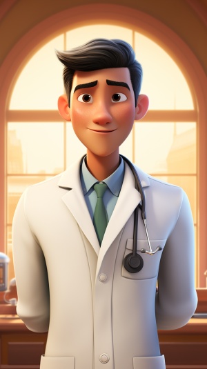 年轻的亚洲男性，口腔科医生，他穿着白色的医生服。他的表情看起来很认真和专注。背景是一个简单的室内环境，可能是一个医院或诊所的内部。
