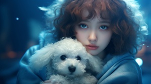 御姐范，闷青色的羊毛卷头发，蓝色闪闪发光的眼睛，和一只可爱的小奶狗，超清8k