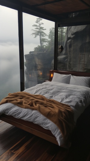 The high-altitude homestay on the cliff has a clean and tidy bed in the room, the wall at the head of the bed is rock, the bed is against the glass edge, the floor inside the room is brown wood, transparent glass windows, outside the window is misty weather, outside the window is a misty cliff v 5.2