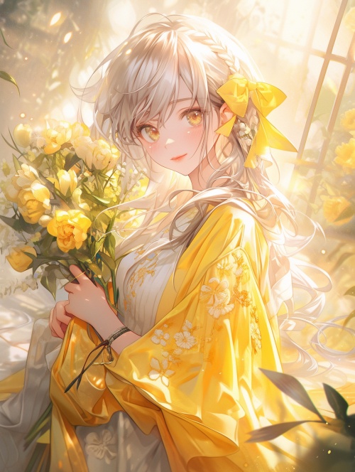 一个穿着黄色衣群的古典白发女孩，采用精致的flora描绘风格，queencore，fairy academia，精致的阴影，浪漫的光线使用，精致的花朵，32k uhd，