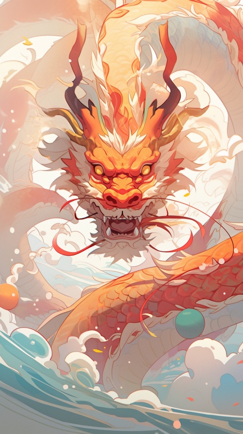 Happy chinese new year, happy new year dragon banner for all, in the style of dreamlike fantasy creatures, masterful shading, orange and aquamarine, 32k uhd, caricature-like illustrations, light red and white, innovative page design