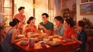 Chinese New Year, reunion, New Year's Eve dinner, reunion dinner, childhood memories of sitting around as a family. Warm and cozy feeling comes to life, the feeling of home, poster, high definition quality