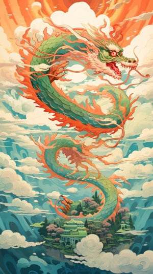 chinese dragon fly in the sky with clouds and sun, in the style of geometric abstract art, gongbi, art-deco, modern art, Victo Ngai, Vincent van Gogh,