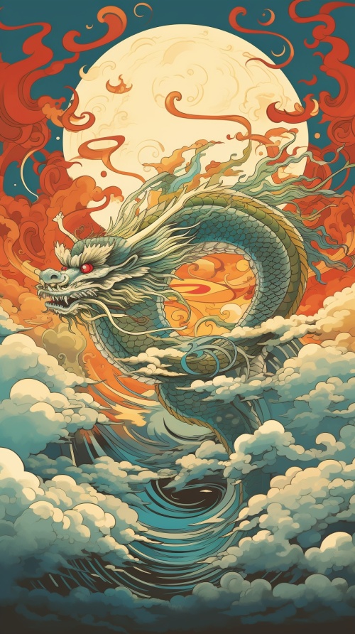 chinese dragon fly in the sky with clouds and sun, in the style of geometric abstract art, gongbi, art-deco, modern art, Victo Ngai, Vincent van Gogh,