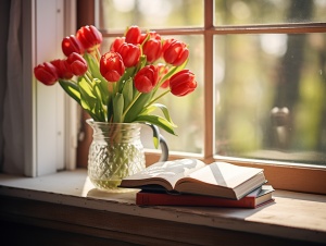窗台上的郁金香书籍：清爽天气中的uhd图像和花的力量