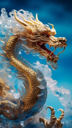 A golden dragon through the clouds, blue sky background, smoke-filled, striking resin jewelry style, wavy resin shards, glitter light, extreme iridescent reflection, bokeh light, Konica large mini, hyper quality, hyper details, FHD, 32K