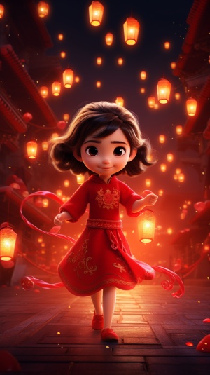 一个中国小女孩，右手举着一个大红灯笼，左手拿着红包，在大红色的背景下，非常喜庆，中国元素，迎接新年，画质增强