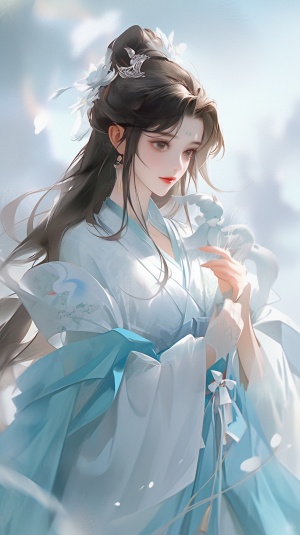 中国风仙女，古风仙女，一身天青色天衣，挽着白色轻纱，散发着柔光，面带微笑，美艳动人，古风仙界背景