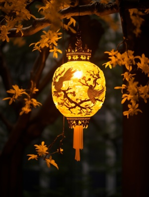梧桐树下的古朴灯笼