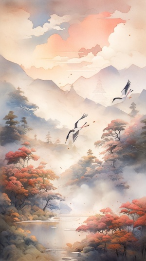 大好河山，仙鹤飞起，水彩画，34k高清画质