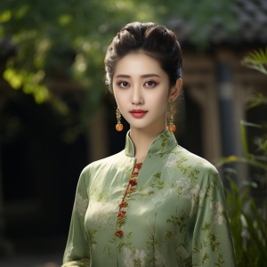 亚洲美女20岁浅棕色盘丸子头穿浅绿色花纹旗袍珍珠饰品全身照