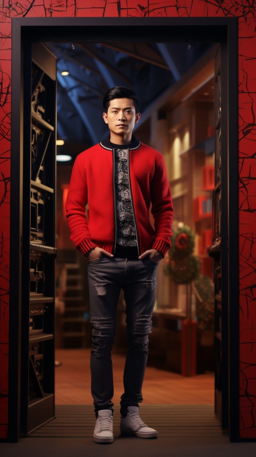 一个亚洲男人，30岁，五官精致漂亮师气，短黑色头发，正脸面对观众，穿着花纹喜庆的红毛衣，黑色修身长裤，皮鞋，站在无人的商场门口，顶级摄影师作品。