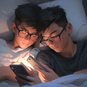 18岁亚洲青年男性戴黑色眼镜床上玩手机8K迪士尼风格
