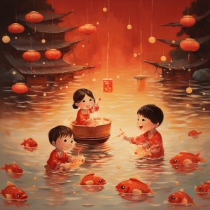 国画，中国年画，可爱呆萌，放鞭炮的小孩，喜庆的红色灯笼背景，水波纹，传统中国年画，8k，超精细，丰富细节