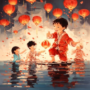 国画，中国年画，可爱呆萌，放鞭炮的小孩，喜庆的红色灯笼背景，水波纹，传统中国年画，8k，超精细，丰富细节