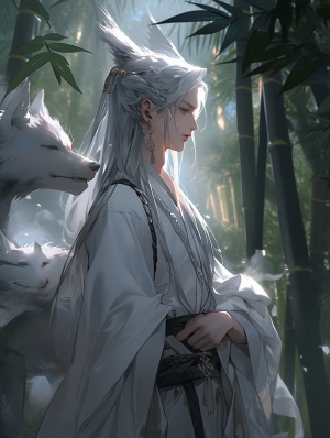 中国现代风格，银色的长发，有毛绒绒的白色兽耳的男子，森林里，月色朦胧，自然的光亮，超高清画质，3D艺术