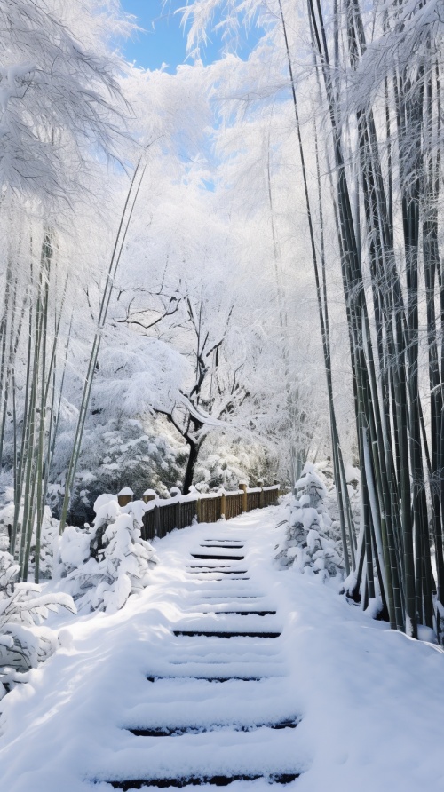 竹林，密密麻麻的竹子，上面落满了雪，地上有一条被大雪覆盖的弯曲小路，高清