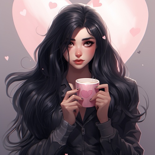 黑色长发和粉色心形杯子的动漫女孩，拿着咖啡，以动画GIF的风格，[kris knight]，特写，卡通错误的场景，卡通般的人物