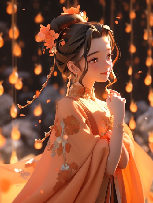 中国风仙女，古风仙女，精致的五官，一身橙色天衣，散发着柔光，面带微笑，美艳动人，古风仙界背景，大气云海，衣带飘飘，超高清，3D动漫，超高画质，3D渲染