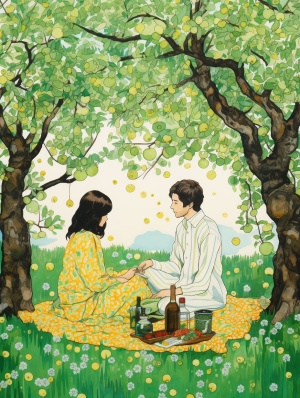 Romantic Watercolor Painting of a Couple Enjoying a Picnic