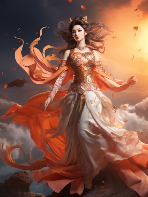 中国风侠女，古风仙剑女主，精致的五官，全身，一身橙色天衣，散发着柔光，面带微笑，美艳动人，古风仙界背景，大气云海，人在云上，衣带飘飘，超高清，超真实，超高画质，3D渲染