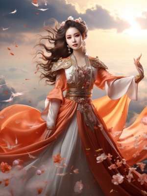中国风侠女，古风仙剑女主，精致的五官，全身，一身橙色天衣，散发着柔光，面带微笑，美艳动人，古风仙界背景，大气云海，人在云上，衣带飘飘，超高清，超真实，超高画质，3D渲染