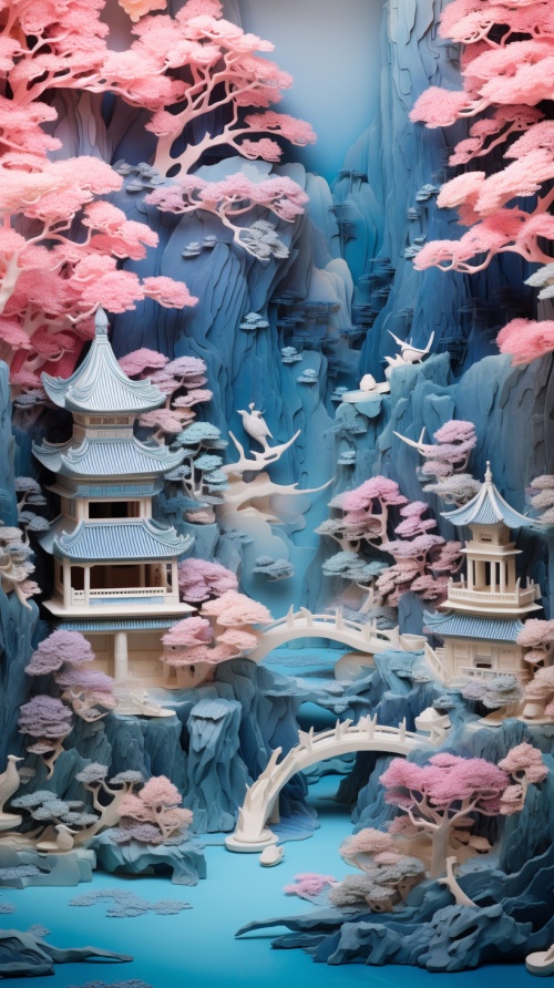 Chinese Castle by Mandai Papercraft Exhibition Art Exhibition, styled in gold and aquamarine, vibrant fantasy landscape, cherry blossoms, relief sculptures, highly detailed foliage, dark aquamarine and pink, dark azure and light white