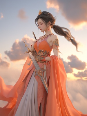 中国古风仙侠美女，脚踏飞剑，云海缭绕，精致的五官，全身，侧脸，一身橙色天衣，散发着柔光，面带微笑，美艳动人，古风仙界背景，大气炫彩3D云海，衣带飘飘，3D渲染，CG，超高清，超高画质，32K