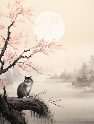 中国画风，水墨画，一只可爱的猫穿古代诗人衣服，柳树，湖水，明月，正在写字