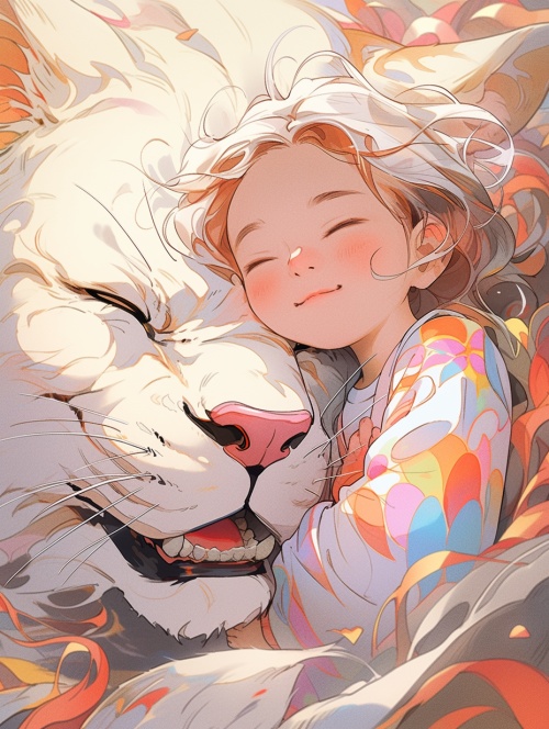 一只巨大的猫，一个微笑的小女孩，梦幻和治愈的场景，MonoKubo style，柔和明亮的颜色，超高清