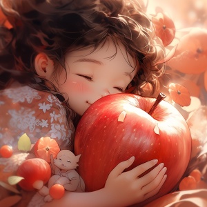 一只巨大的苹果，一个微笑的小女孩，梦幻和治愈的场景，MonoKubo style，柔和明亮的颜色，超高清