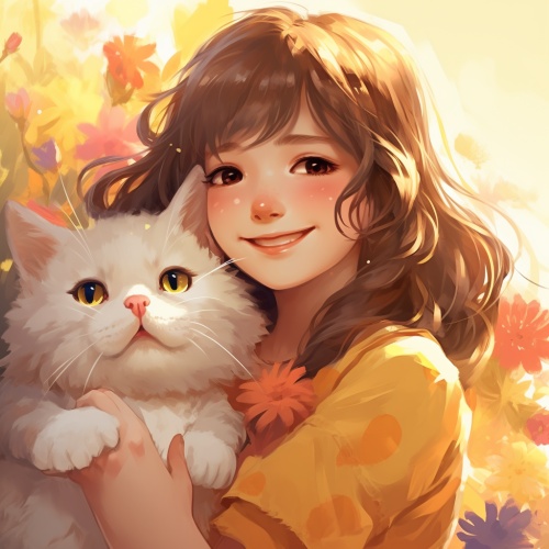 一只巨大的猫，一个微笑的小女孩，梦幻和治愈的场景，MonoKubo style，柔和明亮的颜色，超高清绘画风格：动漫-插图