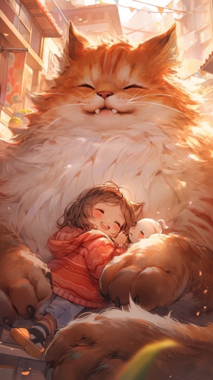 巨大猫与微笑女孩的梦幻治愈场景