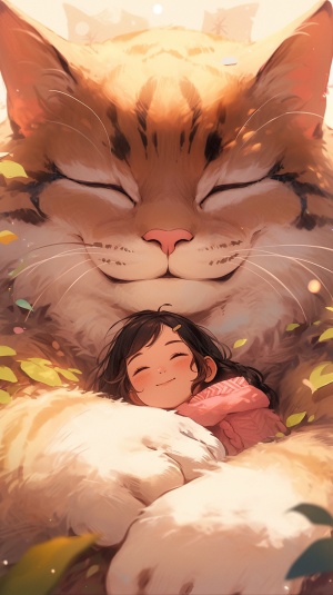 巨大猫与微笑女孩的梦幻治愈场景