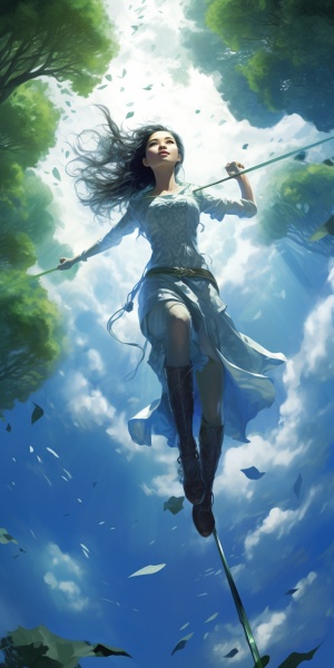 天元大陆，神奇的地方，原始森林，上空，一位美丽的仙侠女子，御剑飞行，双脚垫在宝剑上，悬空，悬浮，飞行而来，超美的视角感，超清，真实写实，蓝光