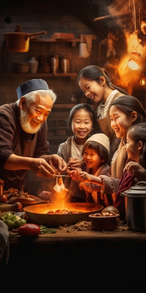 农村灶台旁的小年包饺子，喜庆氛围照片