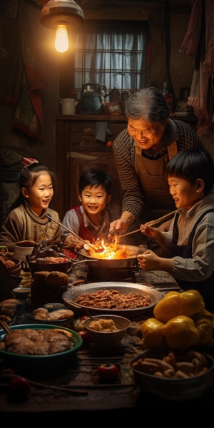 农村灶台旁，妈妈带孩子包饺子，共庆小年