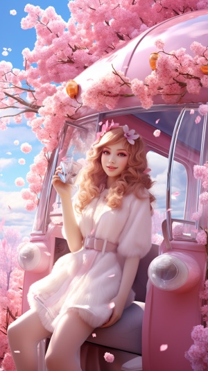 香车美女，大眼睛，玲珑鼻，樱桃嘴，粉色头发，白色齐肩连衣裙，斜靠在敞粉色篷车内，樱花飞舞，阳光普照，超高清，壁纸，超高画质，3D渲染，32K