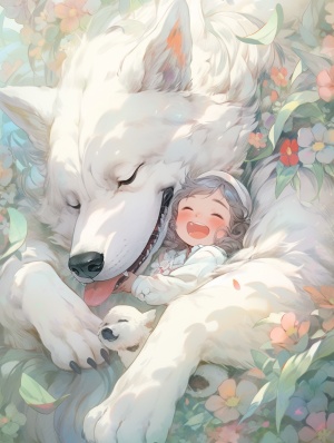 一只巨大的白色狗狗，一个微笑的小女孩，梦幻和治愈的场景，MonoKubo style，柔和明亮的颜色，超高清