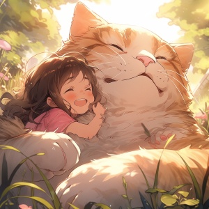 超高清的梦幻治愈场景：巨大猫与微笑女孩的MonoKubo风格