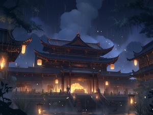 中国古代祠堂夜晚全景：阴森古建之美