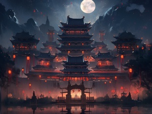 中国古代，古代建筑，祠堂，夜晚全景，阴森的感觉
