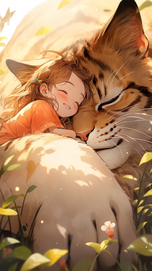一只巨大的猫，一个微笑的小女孩，梦幻和治愈的场景，MonoKubo style，柔和明亮的颜色，超高清