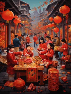 这是一幅充满中国传统的绘画， 农历新年将至，年味浓厚，街上是家家户户都在贴对联 有春联 有福字 有烟花爆竹 红色的中国元素很有年味 ，中西合壁，复古不失调皮。