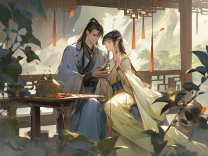 中国古代庭院中的英俊潇洒男子和温婉明艳女子