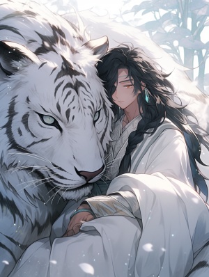一只巨大的白虎，一个微笑的黑色长发美男，梦幻和治愈的场景，MonoKubo style，柔和明亮的颜色，超高清
