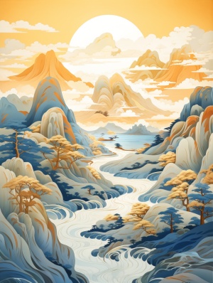 Chinese landscape painting, Thousand Miles of Rivers and Mountains style, mountains, waterfalls, blue gradient, bright gold, white, mountains., minimalist, Victo Ngai style, 3D, c4D rendering, light azure and gold style, , microwaves,, low polygon, white and blue,ore texture sculpture no text ar 16:9 stylize 500 v6