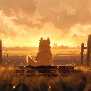 一只小黄狗全身没有东西挡住，看向侧右方，远景落日，天空，村庄，治愈温馨的氛围，