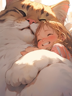 超高清的梦幻治愈场景：巨大猫与微笑女孩的MonoKubo风格